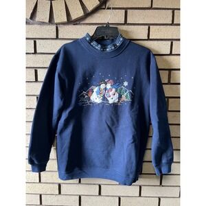 VTG 90s Bobbie Brooks Snowman Mock Neck Sweatshirt Long Sleeve Navy Blue Large